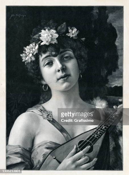 stockillustraties, clipart, cartoons en iconen met young woman with flowers in the hair playing the lute 1897 - enciclopedia