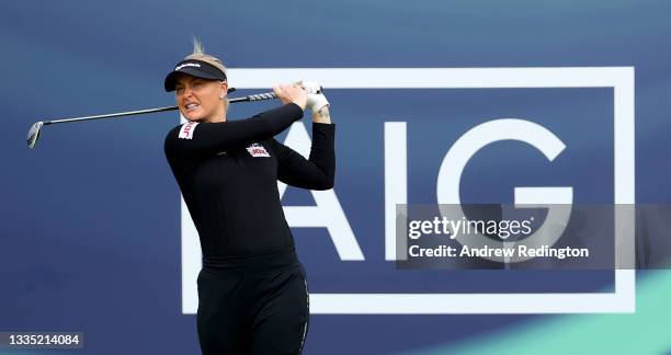 Charley Hull of England on the first tee during the second round of the AIG Women's Open at Carnoustie Golf Links on August 20, 2021 in Carnoustie,...