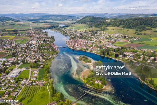 dramatic aerial view of the stein-am-rhein medieval old town, switzerland - rhine river stock pictures, royalty-free photos & images