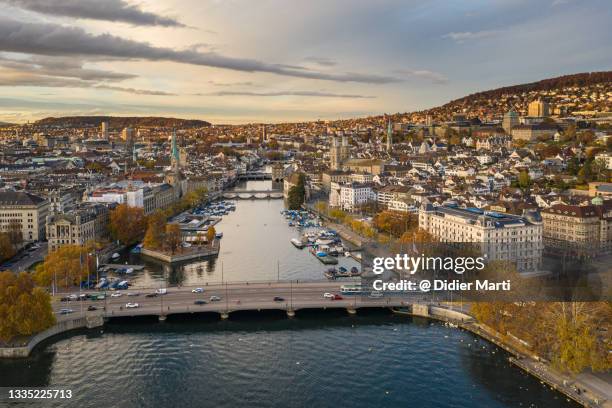 aerial view of the limmat river going through zurich old town in fal - zurich stock pictures, royalty-free photos & images