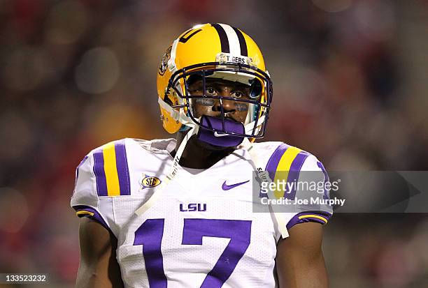 Morris Claiborne of the LSU Tigers looks on against the Ole Miss Rebels on November 19, 2011 at Vaught-Hemingway Stadium in Oxford, Mississippi. LSU...
