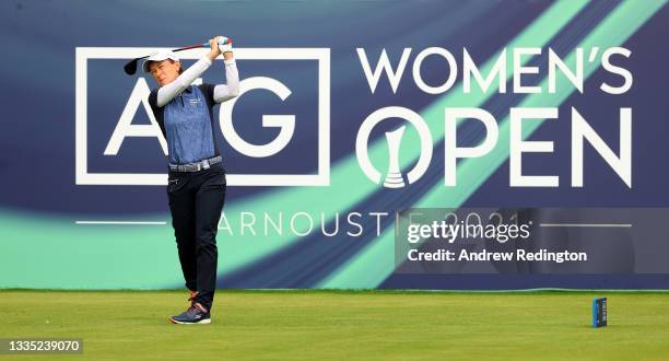 Catriona Matthew of Scotland on the first tee during the second round of the AIG Women's Open at Carnoustie Golf Links on August 20, 2021 in...