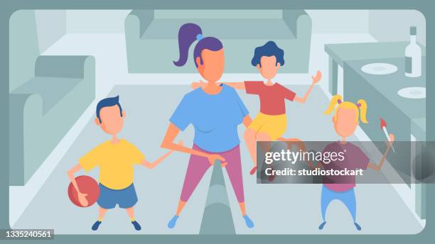 mother and children taking selfie together - children taking selfie stock illustrations