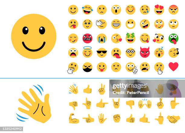 ilustraciones, imágenes clip art, dibujos animados e iconos de stock de conjunto de iconos de emoji. emoticonos. manos. choque de sonrisas. emociones. caricatura divertida. gestos de la mano. redes sociales. sonreír, llorar, triste, enojado, alegre, hola, me gusta, apretón de manos, etc. - emoticon