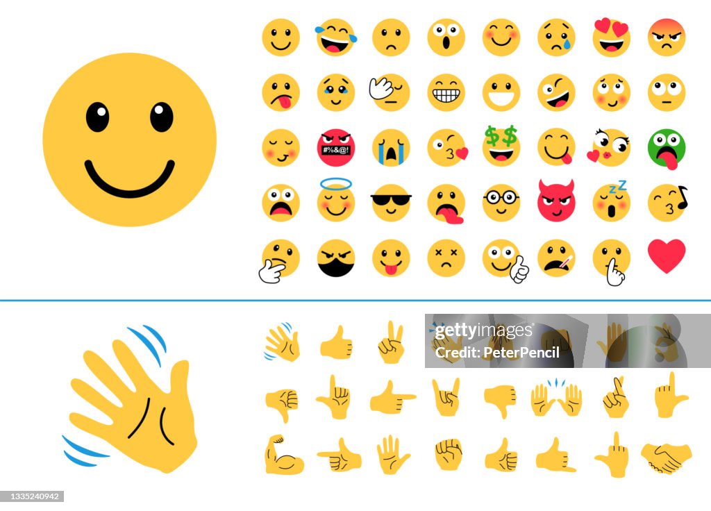 Conjunto de ícones emoji. Emoticons. Mãos. Colllection sorriso. Emoções. Desenho animado engraçado. Gestos. Mídias Sociais. Sorriso, Choro, Triste, Irritado, Alegre, Olá, Como, Aperto de Mão, etc.