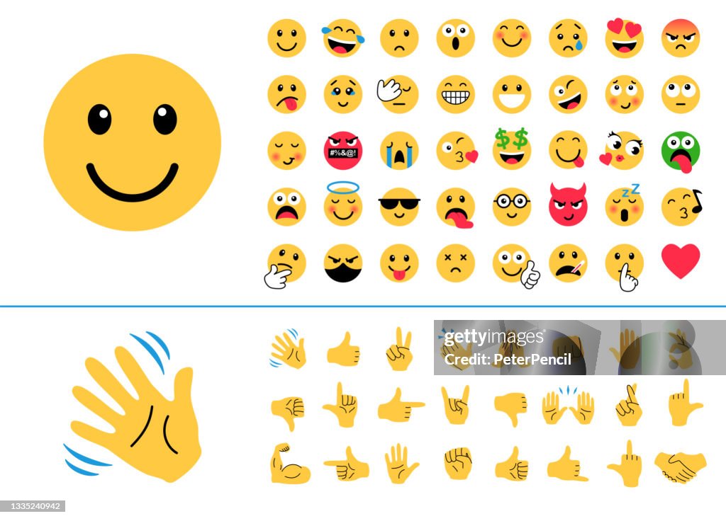 Emoji Icon Set. Emoticons. Hands. Smile colllection. Emotions. Funny Cartoon. Hand Gestures. Social Media. Smile, Crying, Sad, Angry, Joyful, Hello, Like, Handshake, etc