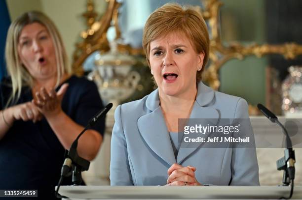 First Minister of Scotland Nicola Sturgeon holds a media briefing with Scottish Greens co-leaders Patrick Harvie and Lorna Slater at Bute House on...