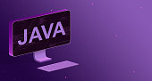 Computer with elements of program code on the screen and the inscription Java and a keyboard on a purple background 3d