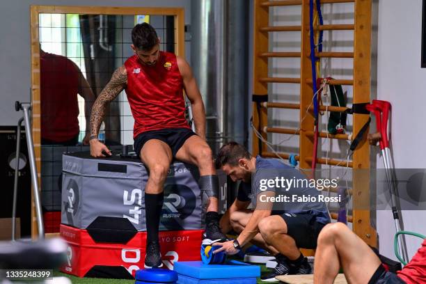 Leonardo Spinazzola during an AS Roma training session at Centro Sportivo Fulvio Bernardini on August 20, 2021 in Rome, Italy.