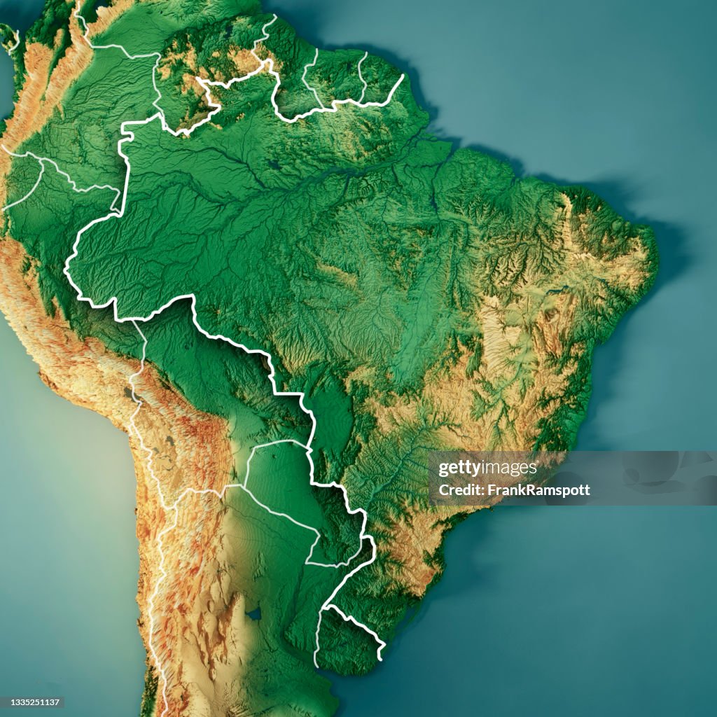 Brazil 3D Render Topographic Map Color Border