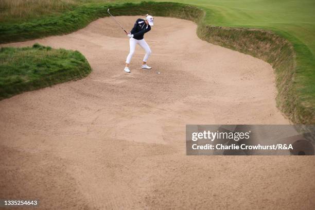 Madelene Sagstrom of Sweden plays out of a bunker on the sixth hole during Day Two of the AIG Women's Open at Carnoustie Golf Links on August 20,...