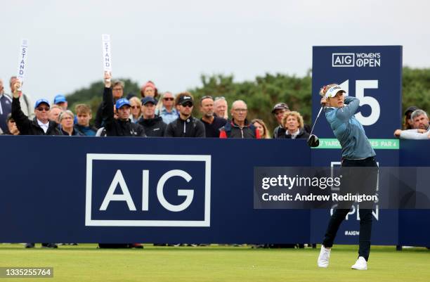 Nelly Korda of The United States on the 15th tee during the second round of the AIG Women's Open at Carnoustie Golf Links on August 20, 2021 in...