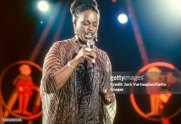 American jazz singer Dianne Reeves performs during the 'Music of Montreux' concert at Central Park SummerStage, New York, New York, September 4, 1998.