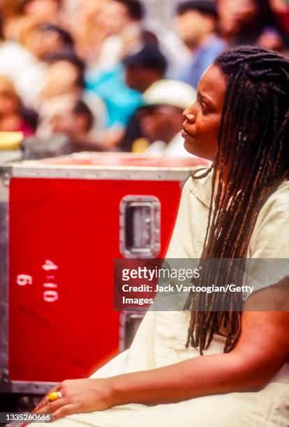 American Jazz singer Dianne Reeves sits backstage after her performance at the Panasonic Village Jazz Festival in Washington Square Park, New York,...