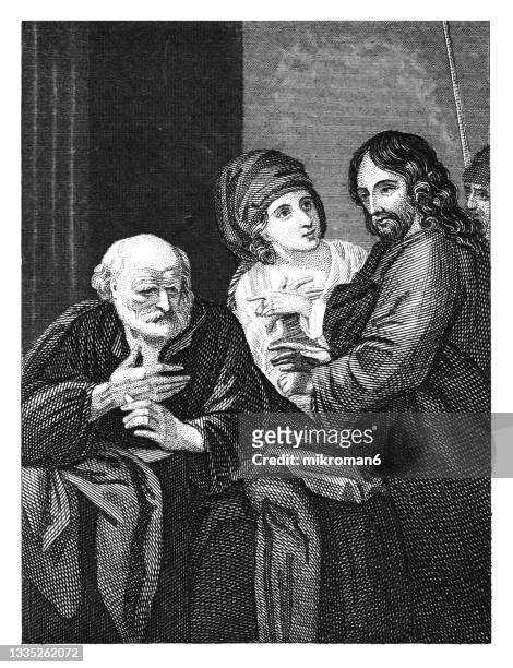 old engraved illustration of peter denying christ - jesus talking stock pictures, royalty-free photos & images