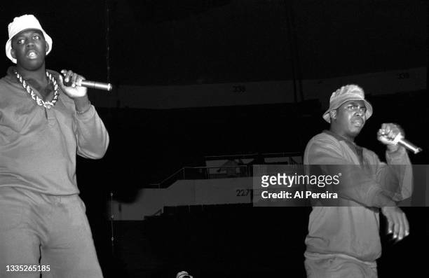 Parrish Smith and Erick Sermon of the hip hop group EPMD appear in concert at the Nassau Veteran's Memorial Coliseum on the "Run's House" Tour on...