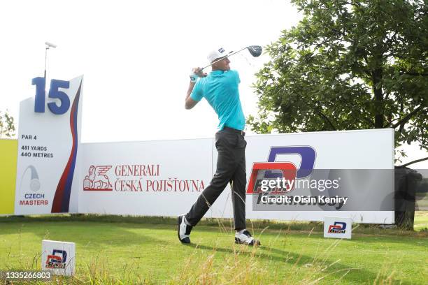 Adrian Meronk of Poland plays a tee shot on the 15th hole during Day Two of The D+D Real Czech Masters at Albatross Golf Resort on August 20, 2021 in...