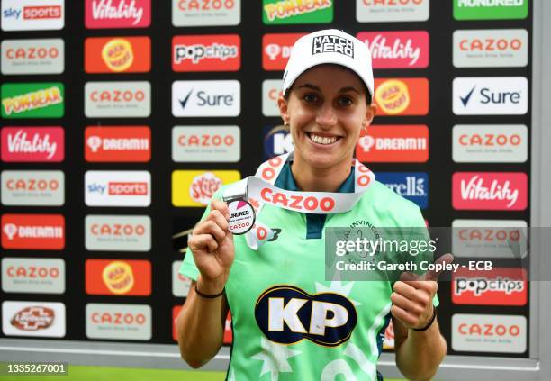 Match Hero Tash Farrant of Oval Invincibles Women poses for a photo following the Eliminator match of The Hundred between Oval Invincibles Women and...