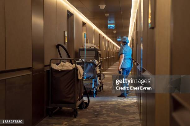 hotel room services trolley in corridor - hotel cleaner stock pictures, royalty-free photos & images