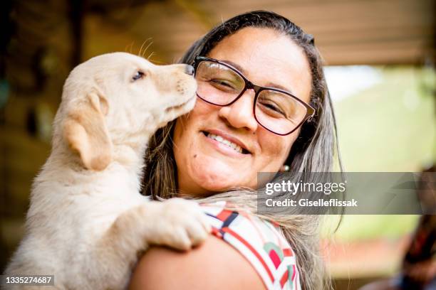 smiling woman holding her cute labrador puppy in her arms outdoors - lab puppies stock pictures, royalty-free photos & images
