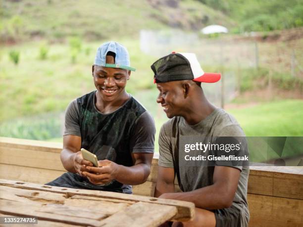 farm workers at cafe using mobile phone - brazil village stock pictures, royalty-free photos & images