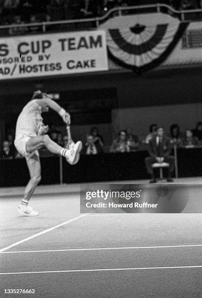 View of Australian tennis player John Newcombe in action during a match on the first day of the 62nd Davis Cup final, Cleveland, Ohio, November 30,...