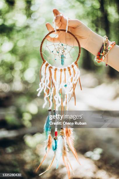 beautiful little dreamcatcher with beige and blue - bobo tribe stock pictures, royalty-free photos & images