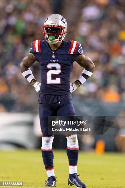 Jalen Mills of the New England Patriots looks on against the Philadelphia Eagles in the preseason game at Lincoln Financial Field on August 19, 2021...