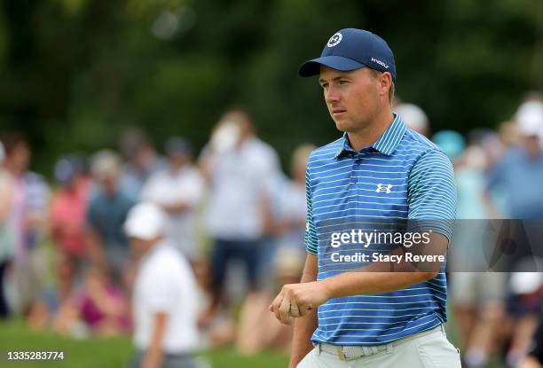 Jordan Spieth of the United States walks off the sixth green during the second round of THE NORTHERN TRUST, the first event of the FedExCup Playoffs,...
