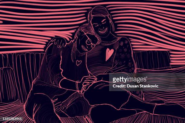 design of lesbian couple embracing while holding hands - gay person stock illustrations