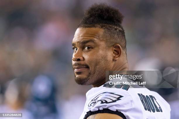 Brandon Brooks of the Philadelphia Eagles looks on against the New England Patriots in the preseason game at Lincoln Financial Field on August 19,...