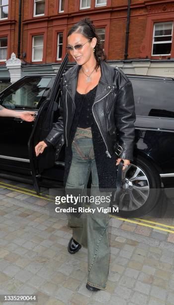 Bella Hadid seen arriving back at her hotel after day out with Marc Kalman on August 20, 2021 in London, England.