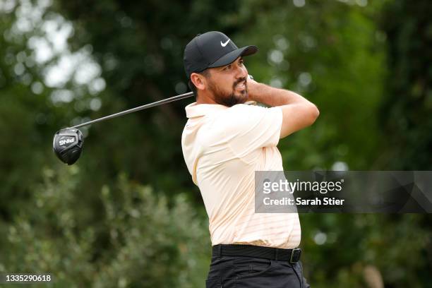 Jason Day of Australia plays his shot from the 16th tee during the second round of THE NORTHERN TRUST, the first event of the FedExCup Playoffs, at...