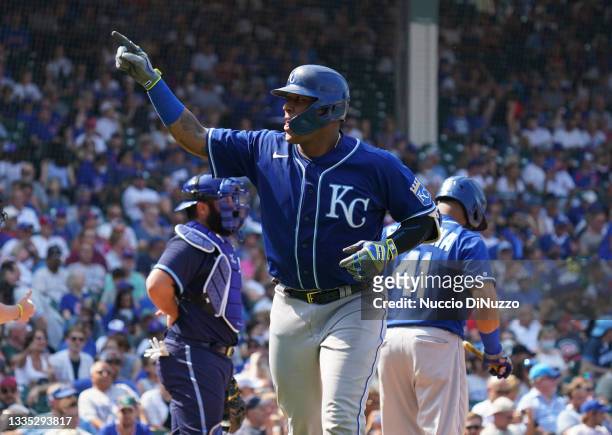 Salvador Perez of the Kansas City Royals celebrates a home run during the sixth inning of a game against the Chicago Cubs at Wrigley Field on August...