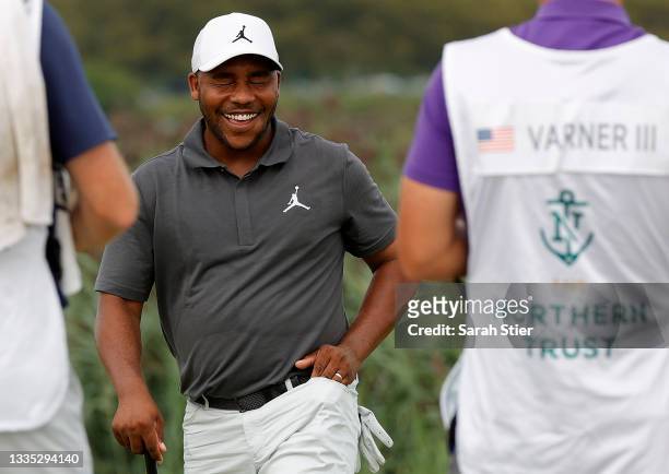 Harold Varner III of the United States reacts after putting on the 14th green during the second round of THE NORTHERN TRUST, the first event of the...