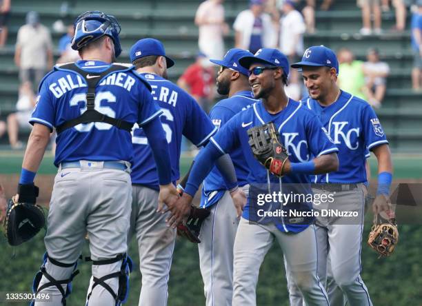 The Kansas City Royals celebrate after the last out against the Chicago Cubs at Wrigley Field on August 20, 2021 in Chicago, Illinois. The Royals...