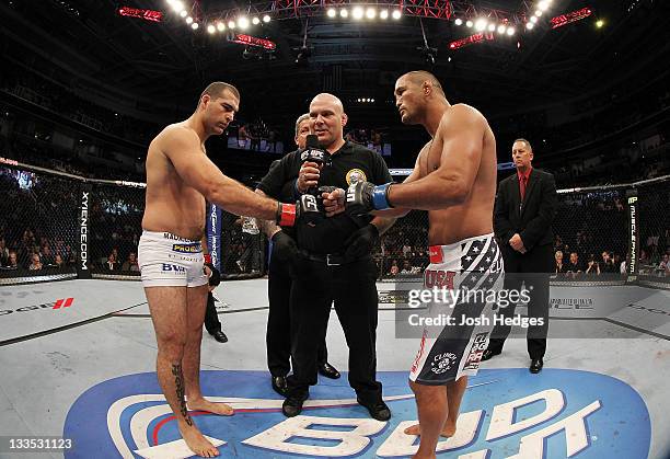 Dan Henderson and Mauricio Rua touch gloves to start their UFC Light Heavyweight bout at the HP Pavillion on November 19, 2011 in San Jose,...