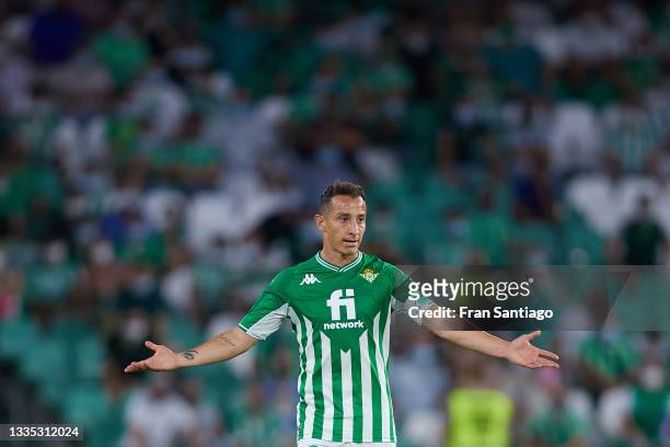 Andres Guardado of Real Betis reacts during the La Liga Santader match between Real Betis and Cadiz CF on Friday 20 August in Seville, Spain