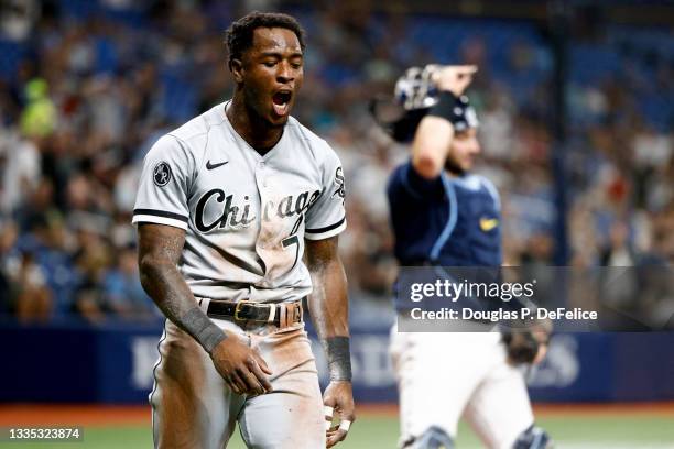 Tim Anderson of the Chicago White Sox reacts after scoring on a fielders choice from the bat of Jose Abreu during the fifth inning against the Tampa...