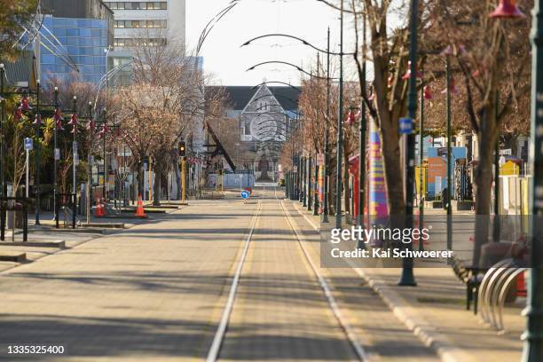 Empty streets are seen in the Christchurch CBD on August 21, 2021 in Christchurch, New Zealand. All of New Zealand is subject to Alert Level 4...