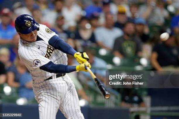 Avisail Garcia of the Milwaukee Brewers hits a solo home run in the seventh inning against the Washington Nationals at American Family Field on...