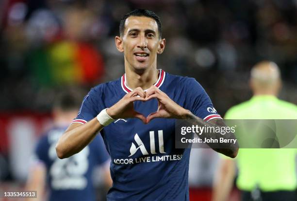 Angel Di Maria of PSG celebrates his goal during the Ligue 1 match between Stade Brestois 29 and Paris Saint-Germain at Stade Francis Le Ble on...