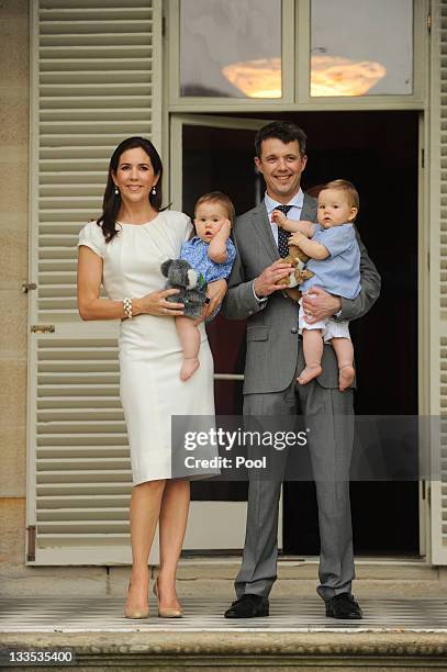 Prince Frederik of Denmark and Princess Mary of Denmark pose for photographs with their twins Princess Josephine and Prince Vincent at Admiralty...