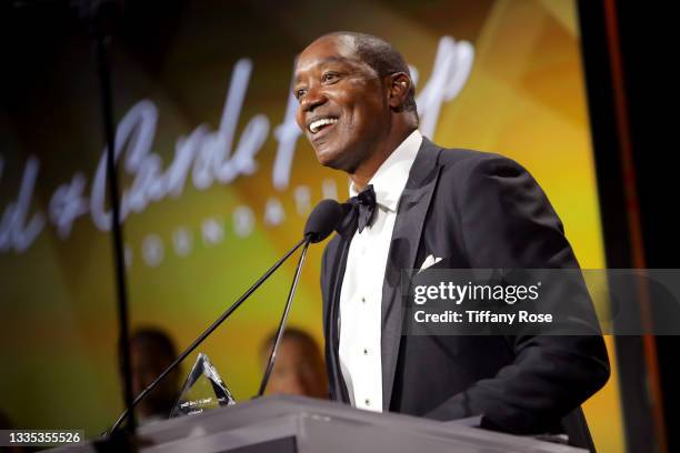 Honoree Isiah Thomas speaks onstage at the 21st Annual Harold and Carole Pump Foundation Gala at The Beverly Hilton on August 20, 2021 in Beverly...