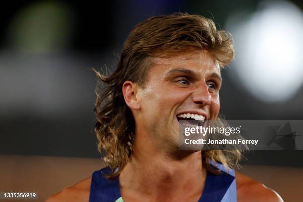 Craig Engels of the United States smiles after the International Mile race during the 2021 Prefontaine Classic at Hayward Field on August 20, 2021 in...