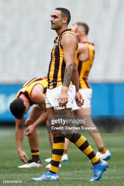 Shaun Burgoyne of the Hawks looks on as the final siren sounds during the round 23 AFL match between Richmond Tigers and Hawthorn Hawks at Melbourne...