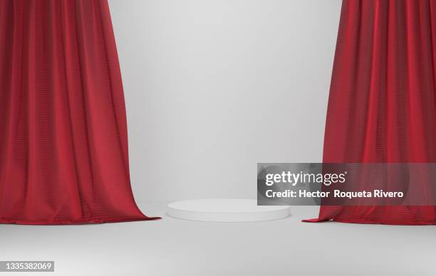 3d showcase with red curtain - spotlight film stock pictures, royalty-free photos & images