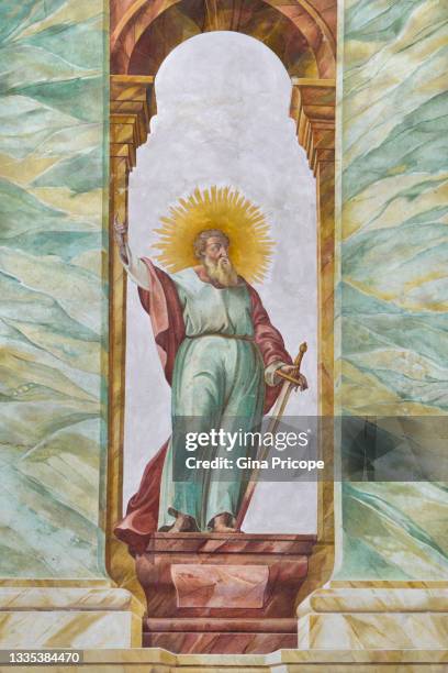 fresco on the tower of the st. peter und paul church in mittenwald, germany. - mittenwald stock pictures, royalty-free photos & images