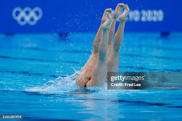 Alexandra Nemich and Yekaterina Nemich of Team Kazakhstan compete in the Artistic Swimming Duet Technical Routine on day eleven of the Tokyo 2020...