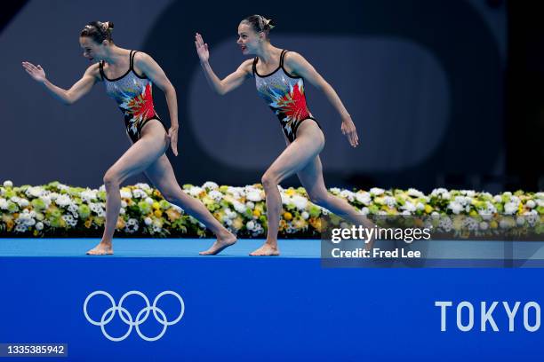 Alexandra Nemich and Yekaterina Nemich of Team Kazakhstan compete in the Artistic Swimming Duet Technical Routine on day eleven of the Tokyo 2020...